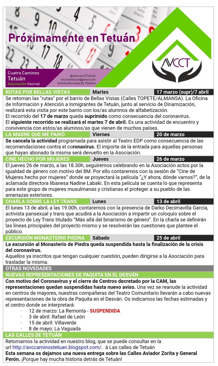 asocvec4Ctetuan's tweet photo. Damos cuenta de nuestro Boletín semanal, modificado con motivo del #coronavirus. https://t.co/JEfl7ATmr6