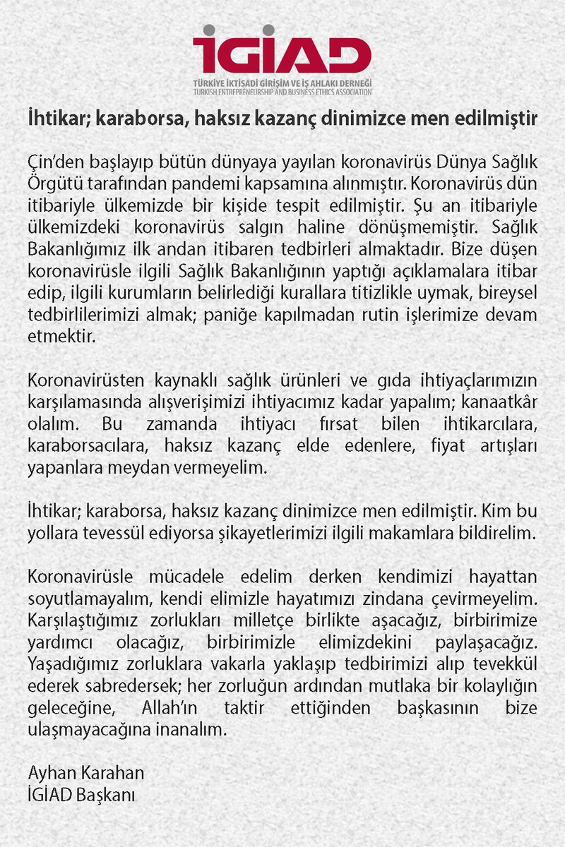 Koronavirüsle mücadele edelim derken kendimizi hayattan soyutlamayalım, kendi elimizle hayatımızı zindana çevirmeyelim. Karşılaştığımız zorlukları milletçe birlikte aşacağız, birbirimize yardımcı olacağız. #Covid_19 #koronavirus #virüstürkiyede #karaborsa #sağlıkbakanlığı