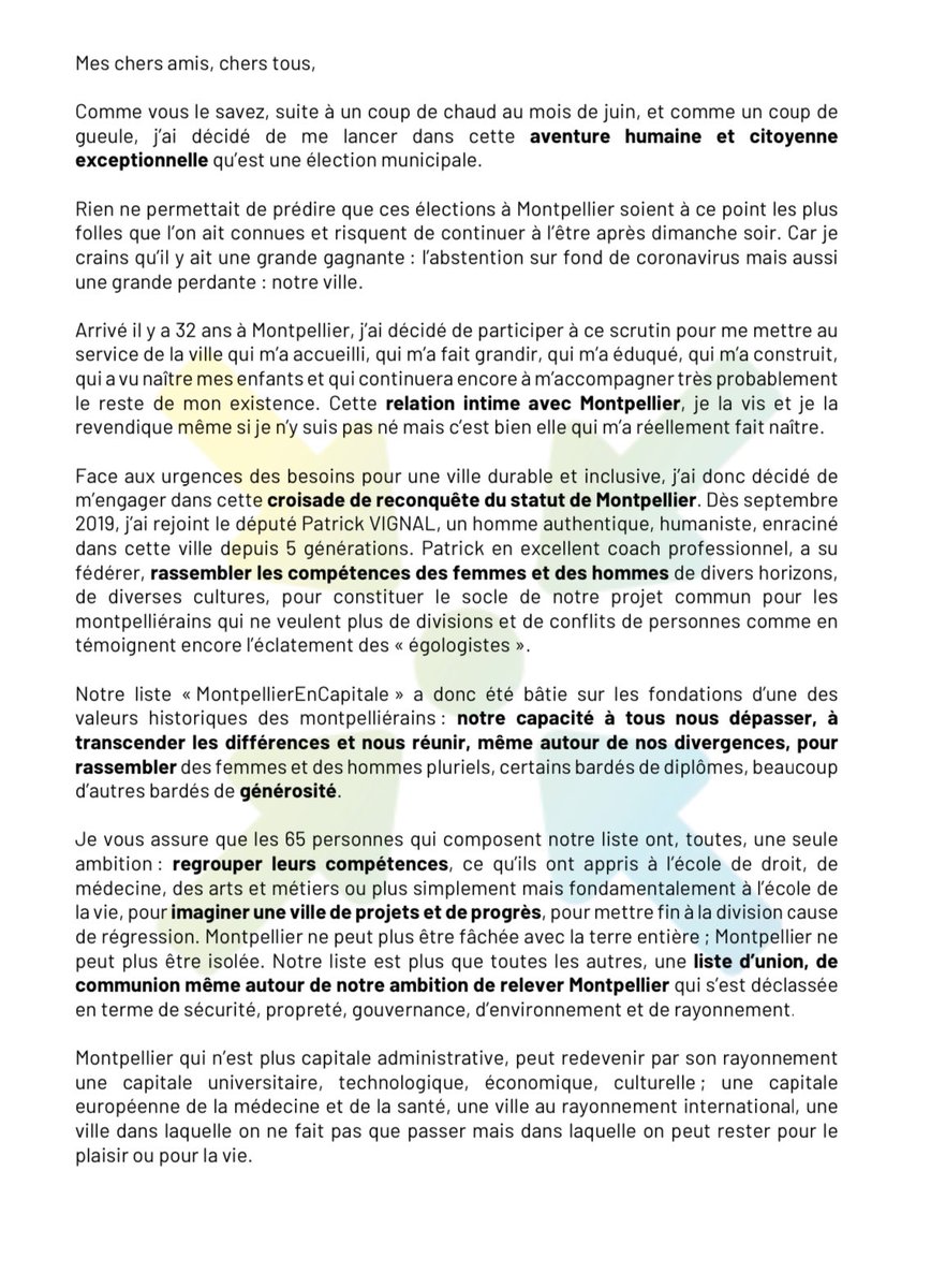 CVignal2020's tweet photo. #MontpellierEnCapitale : lettre à mes amis pour les #Municipales2020 à #Montpellier https://t.co/hUTVYMiXjk