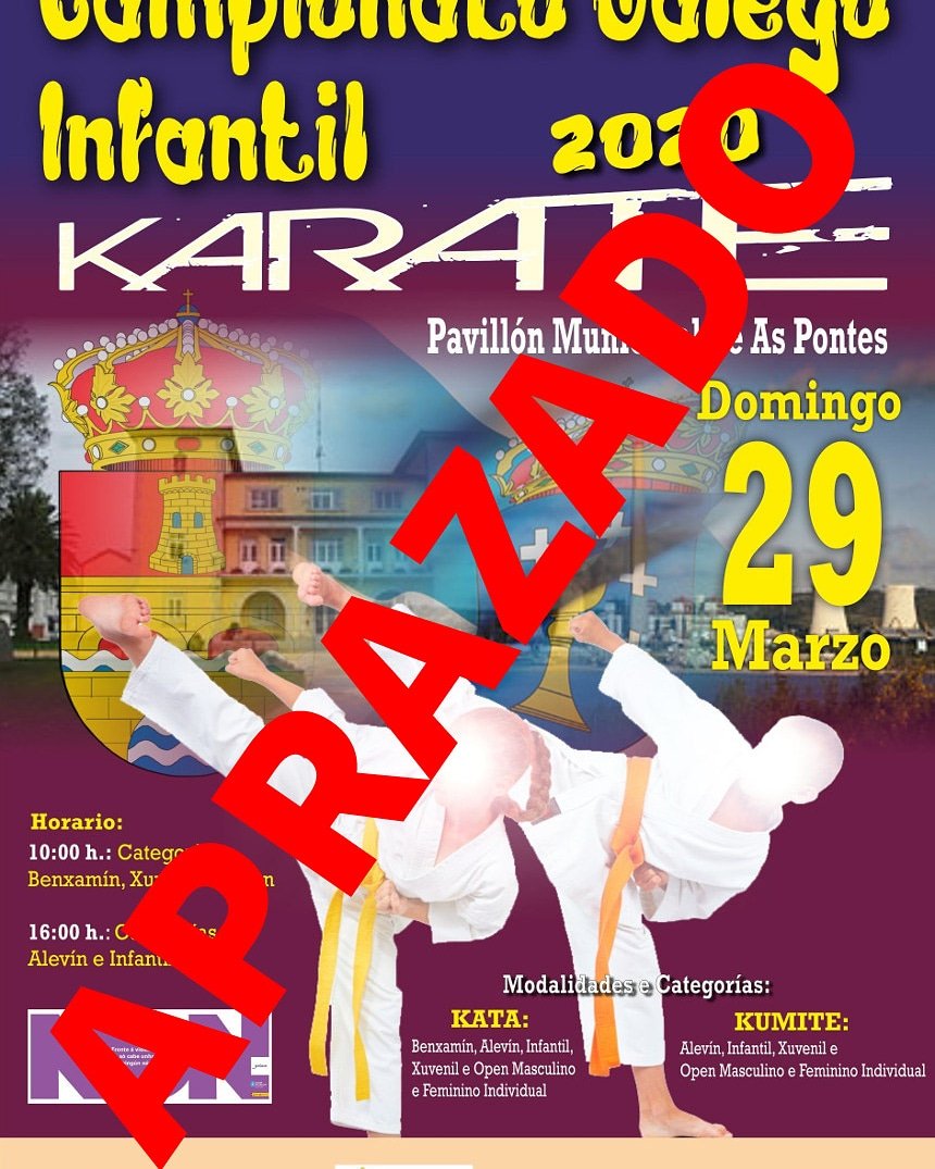 CSFTeo's tweet image. Ante a actual situación de alerta sanitaria provocada pola expansión do COVID-19 e seguindo as recomendacións e medidas preventivas comunicadas onte pola Secretaría Xeral para o Deporte da @Xunta, a FGK toma a decisión de aprazar a celebración do Campionato Galego Infantil.