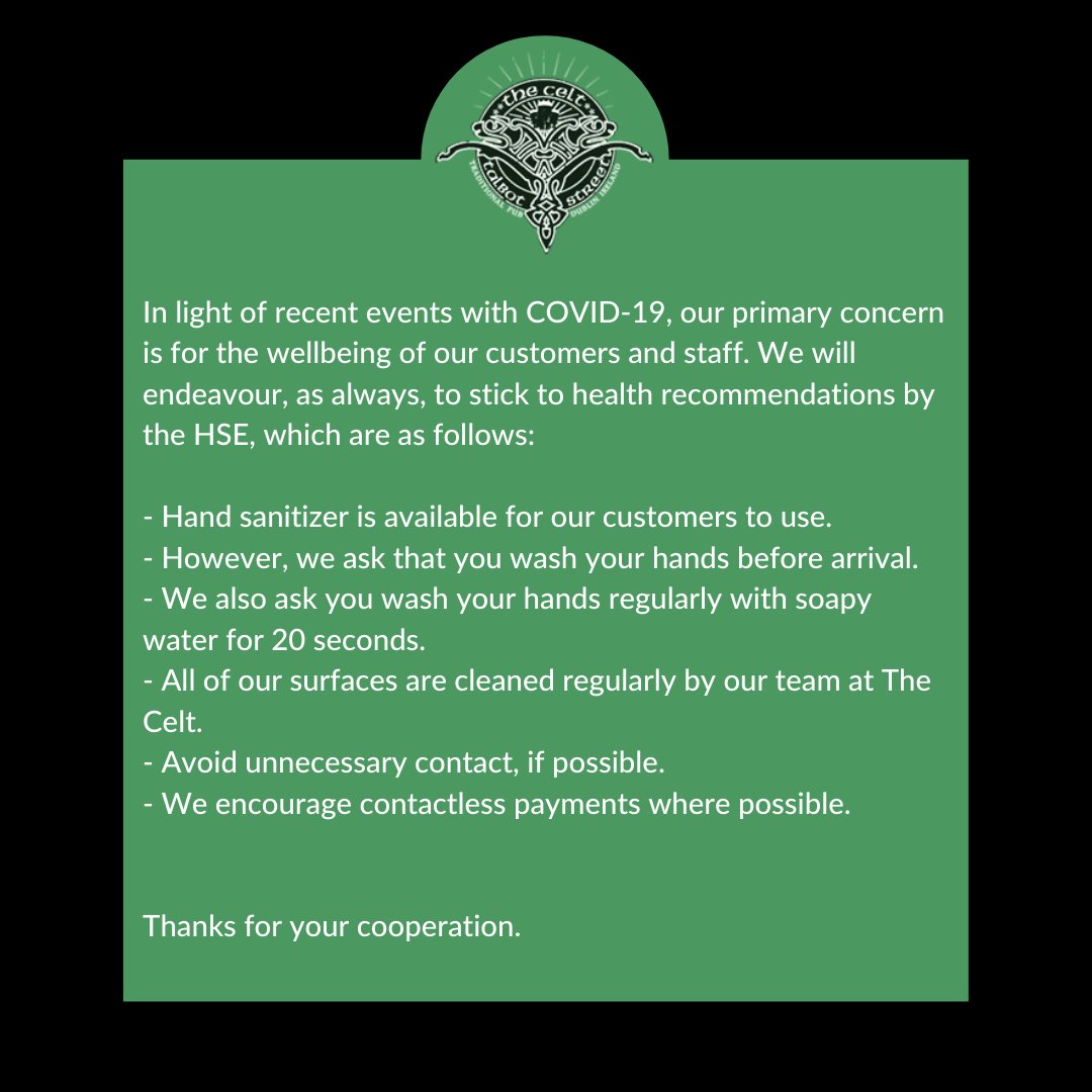 Just a few precautions we're taking at The Celt in light of recent news regarding COVID-19.

Stay safe everyone ☘️