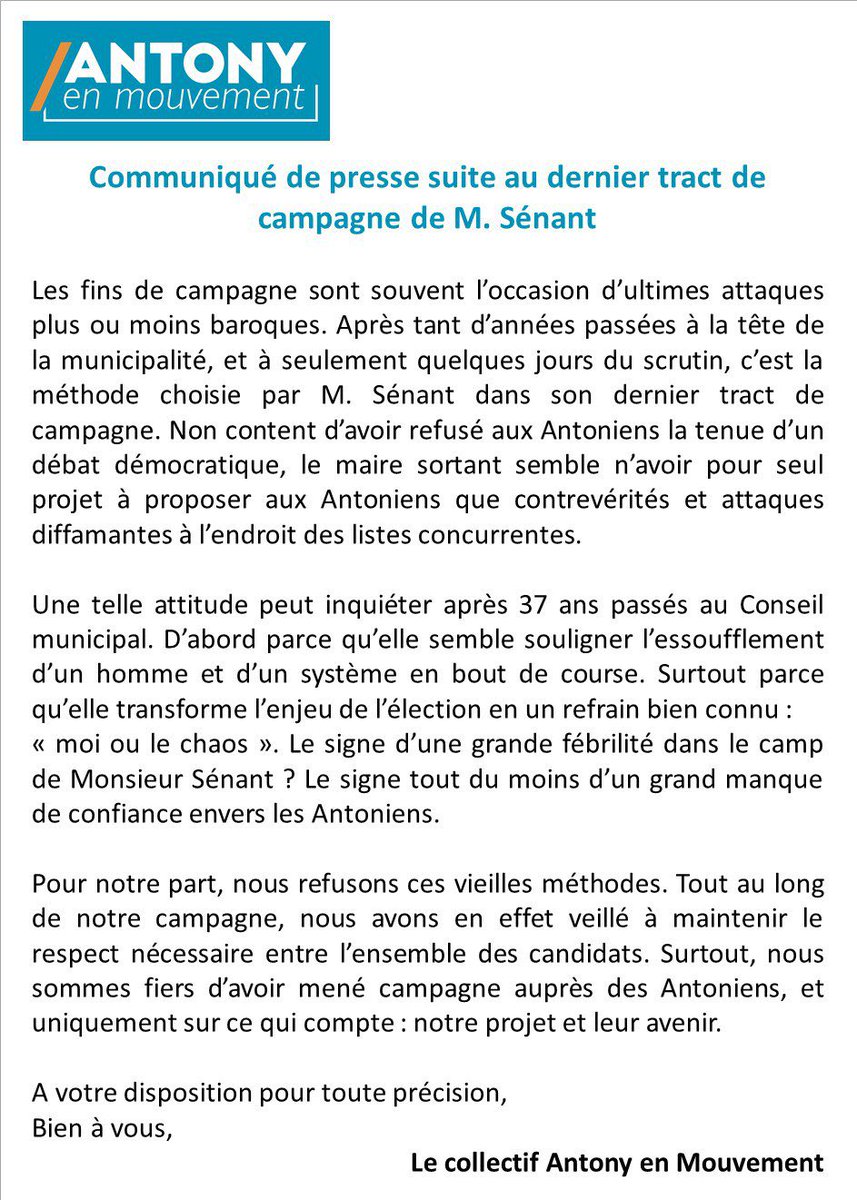 AntonyMouvement's tweet photo. Une fin de campagne bien peu sereine pour M Sénant
Après avoir refusé de débattre, il multiplie les contre-vérités à quelques jours du vote
Mais sa posture "moi ou le chaos" ne trompera pas les Antoniens
@DesboisNadia
#municipales2020 #Antony
👇 Notre réaction à son dernier tract https://t.co/Qc6zAJLPPt