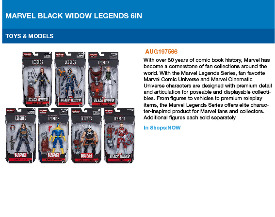 Natasha Romanoff reunites with a group of spies from her past to stop a lethal force. Enter the world of Marvel’s Black Widow movie with Legends Series figures! Marvel Black Widow Legends 6 inch Action Figures are out now and available from your Local Comic Shop.