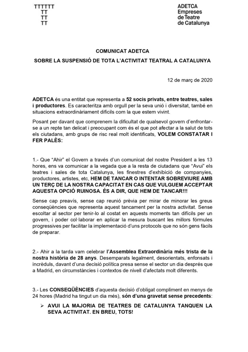 adetca_teatre's tweet photo. 🔴Comunicat ADETCA sobre la suspensió de tota l'activitat teatral a Catalunya ⬇️ https://t.co/TJcJOpTYT3