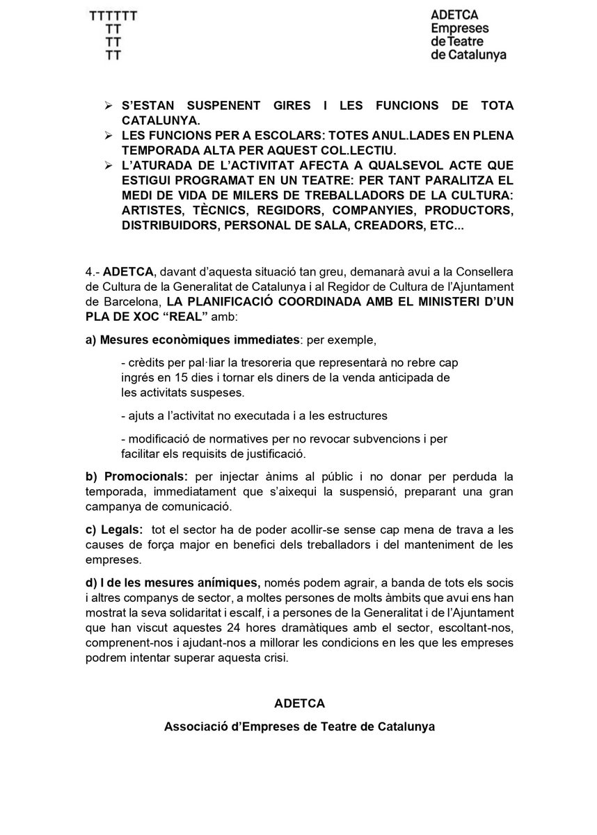 adetca_teatre's tweet photo. 🔴Comunicat ADETCA sobre la suspensió de tota l'activitat teatral a Catalunya ⬇️ https://t.co/TJcJOpTYT3