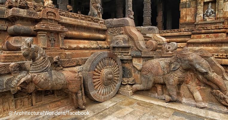 12c  #Airavateshwara temple, Darasuram, TN was built by  #RajaRajaChola II.The  #Shiva temple got its name after Airavata, the elephant of IndraThe temple is built of Stones & has 2 Sun dials which are incorporated as the wheels of chariot with stone horses in the Tiru mantapa 1/2