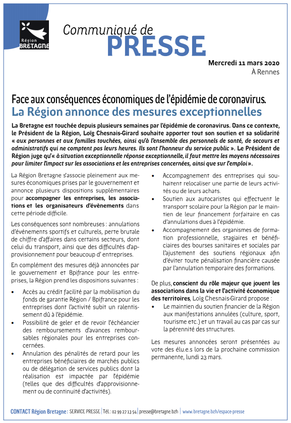 regionbretagne's tweet photo. 🔴 Face aux conséquences économiques de l’épidémie de #Coronavirus, le Président de Région Loïg Chesnais-Girard annonce des mesures complémentaires pour accompagner les entreprises, les associations et les organisateurs d’évènements.

🗞 Lire le communiqué ci-dessous https://t.co/SmDW2KQ9QK