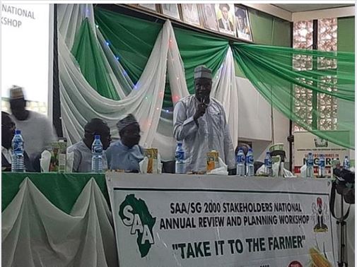 The Director of NAERLS, Prof MK Othman presents a talk at the opening ceremony of SAA/SG2000 Annual Review and Planning Meeting today, 25 February 2020 at the NAERLS Conference Hall, ABU Zaria.