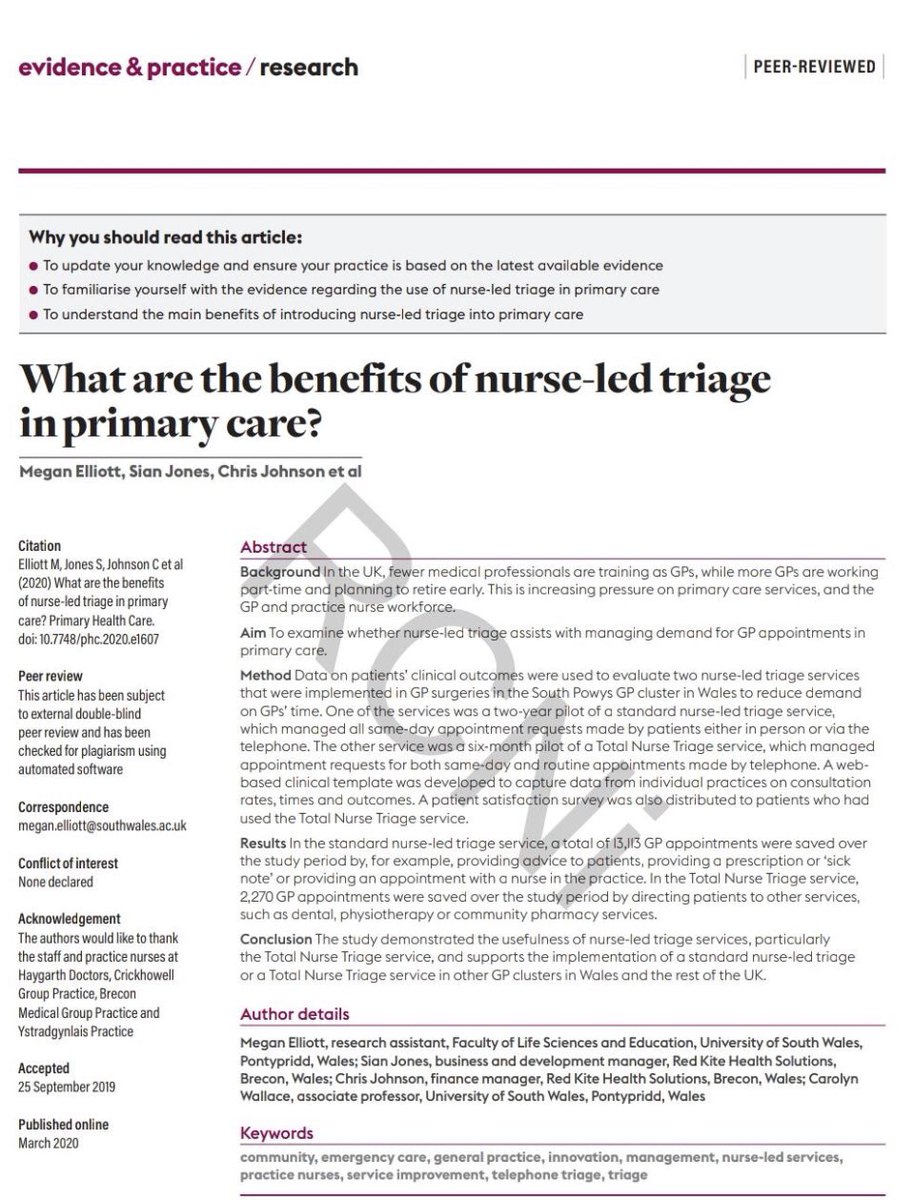 Dr Megan Elliott (@meganbelliott_) on Twitter photo Findings from our study of a nurse triage service in Rural Wales exploring the potential of workforce distribution to reduce pressures on GPs published today #primarycare #healthcare #nursing #triage
<a href="/PRIMECentre/">PRIME Centre Wales</a> <a href="/USWResearch/">USWResearch</a> <a href="/Dr_CA_Wallace/">Carolyn Wallace</a>
lnkd.in/d67xAU4 Findings from our study of a nurse triage service in Rural Wales exploring the potential of workforce distribution to reduce pressures on GPs published today #primarycare #healthcare #nursing #triage
<a href="/PRIMECentre/">PRIME Centre Wales</a> <a href="/USWResearch/">USWResearch</a> <a href="/Dr_CA_Wallace/">Carolyn Wallace</a>
lnkd.in/d67xAU4