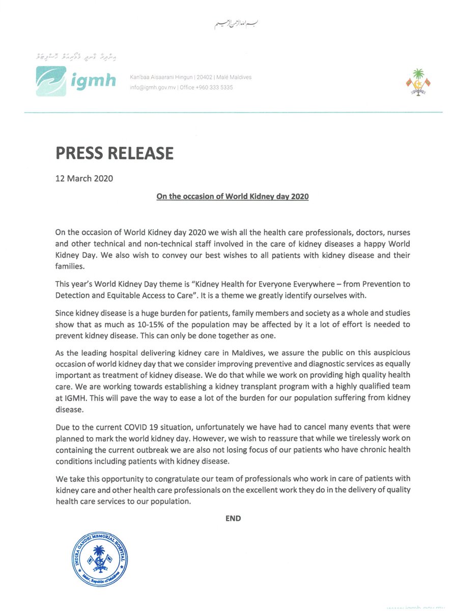 igmhmv's tweet image. PRESS RELEASE: On the occasion of World Kidney Day 2020. 
#WorldKidneyDay2020 
#IGMH