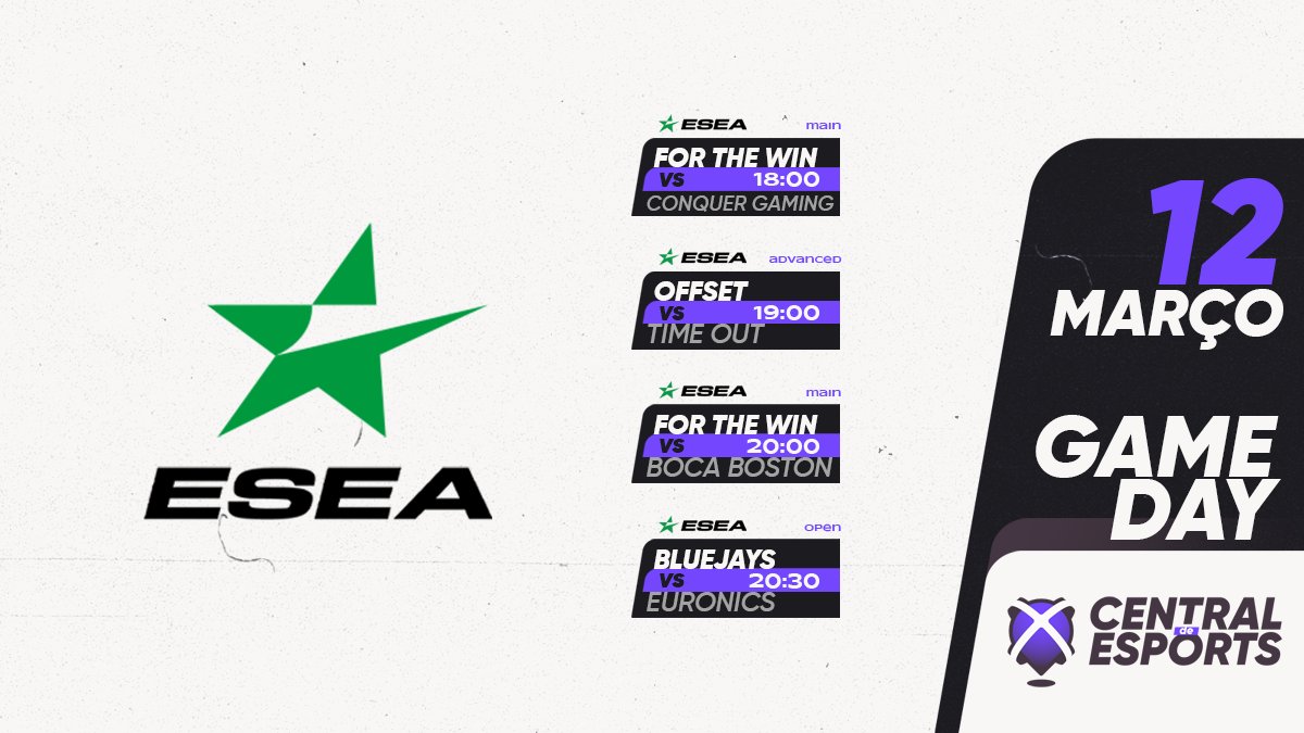 CentralDEsports's tweet photo. HOJE na @ESEA:
18h00
@ftwesports 🇵🇹 vs @ConquerGamingFI 🇫🇮
19h00
@Offset_Esports 🇵🇹 vs @TimeOutBE 🇧🇪
20h00
@ftwesports 🇵🇹 vs #BocaBoston 🇹🇷
20h30
@BLUEJAYS_Sports 🇩🇪🇵🇹 vs @EuronicsGaming 🇩🇪
👉 https://t.co/r4X07wNwUV
#CDEgameday https://t.co/8opYHyyMpL