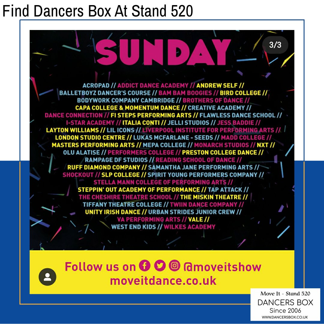 dancersboxuk's tweet photo. MOVE IT 2020 - SUNDAY LINE-UP
---
Find us at stand 520 next to the Freestyle Stage!
---
#dancersboxuk #dbukteam #moveit #dancersboxukontour #moveitlineup #lineup #moveitsunday #moveitweekend #baiwu #dincwear #acropad #infernodance #dancersboxuk #dbukteam https://t.co/UKfxofKaby