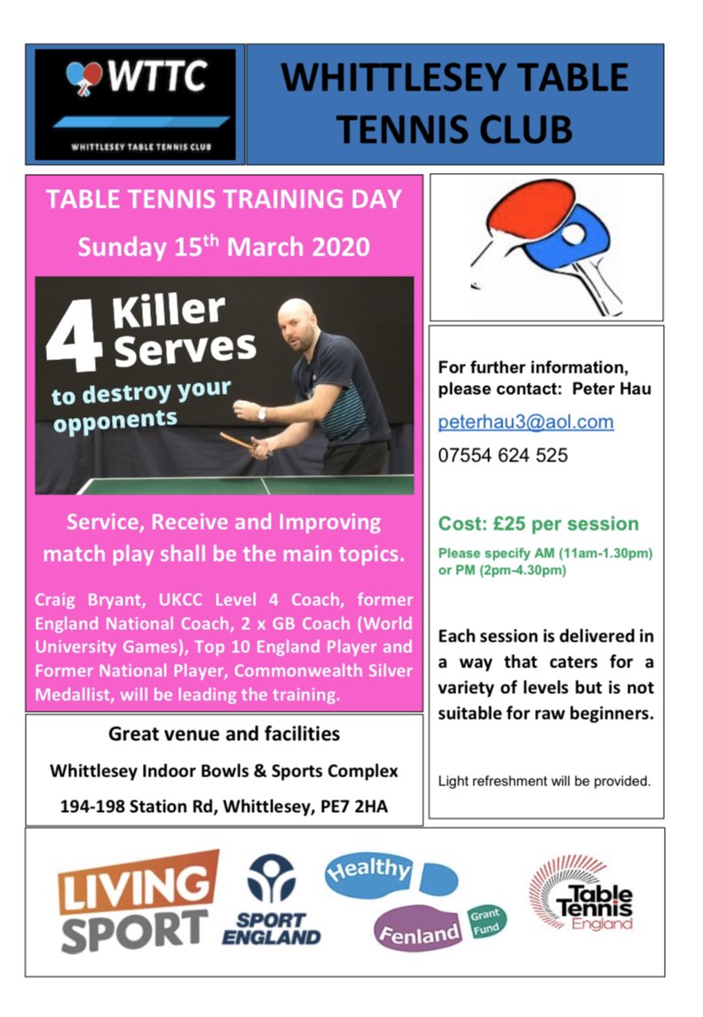 Session in Peterborough this Sunday!
A LAST MINUTE POST! 🏓

After a few cancellations Peter Hau has a few spaces left for these two sessions. If you’re in the P’boro / Cambs area and want to improve your serve and receive game, then get in touch with Peter 07826 963511.