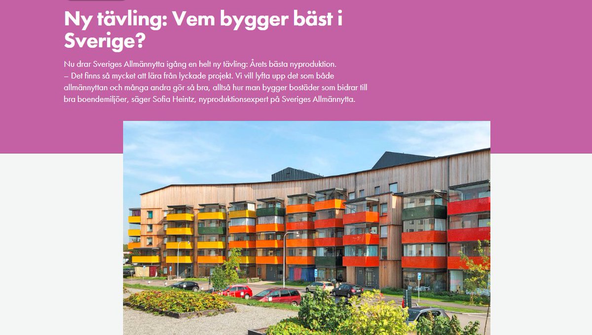 Tävlingsdags! <a href="/sv_allmannyttan/">Sveriges Allmännytta</a> anordnar två tävlingar, en för Årets bästa renovering och en för Årets nyproduktion. I juryn sitt bl.a. <a href="/asa_kallstenius/">Åsa Kallstenius</a> och Magnus Schön från Kod. Nominera senast 20 mars! sverigesallmannytta.se #renovering #hållbarhet #nyproduktion