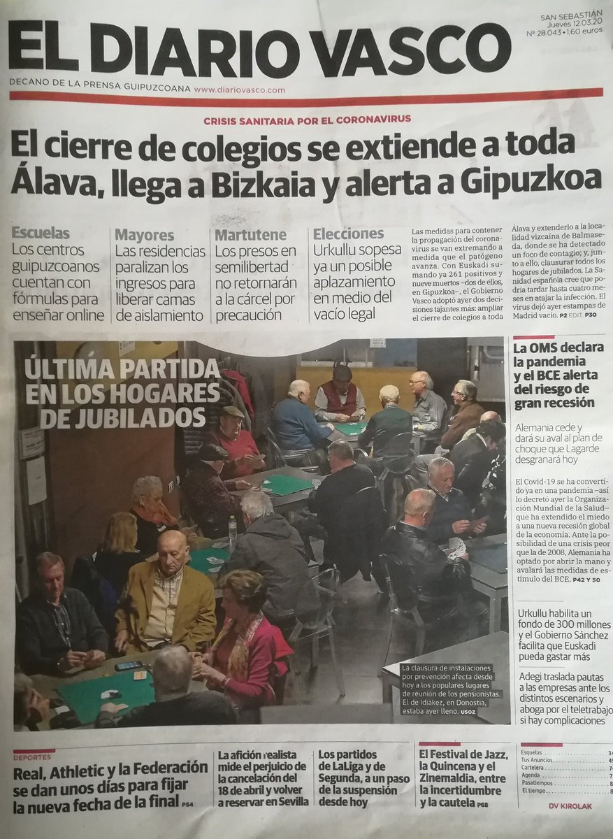 La crisis del coronavirus ocupa toda la portada del DV de hoy, abre 8 secciones y protagoniza 43 de las 84 páginas del periódico.