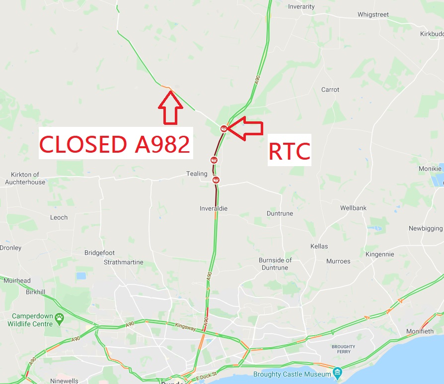 trafficscotland's tweet photo. ❗️UPDATE⌚️09:45
#A90 northbound after Tealing RTC
Lane 1 of 2 is CLOSED - slow traffic back to Inveraldie
The #A982 is CLOSED as a result
@polscotrpu advising to use alt route at this time
@NETrunkRoads @AberdeenTravel https://t.co/FF4cpBKVLX