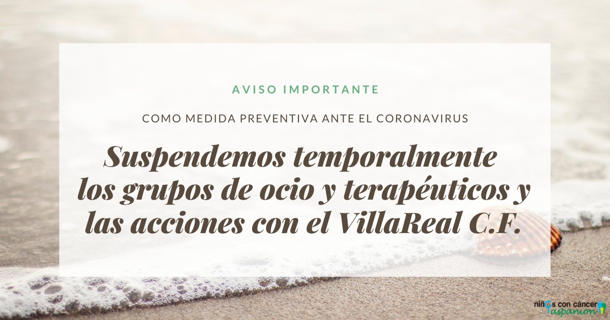 Aspanion's tweet photo. AVISO IMPORTANTE
ASPANION aplica nuevas medidas de seguridad para prevenir la propagación del coronavirus. Se suspenden los grupos de ocio y terapéuticos, el grupo de duelo y la asistencia a los partidos del VillaReal C.F. El resto de servicios de ASPANION continúan operativos. https://t.co/PCarM6g8Jn