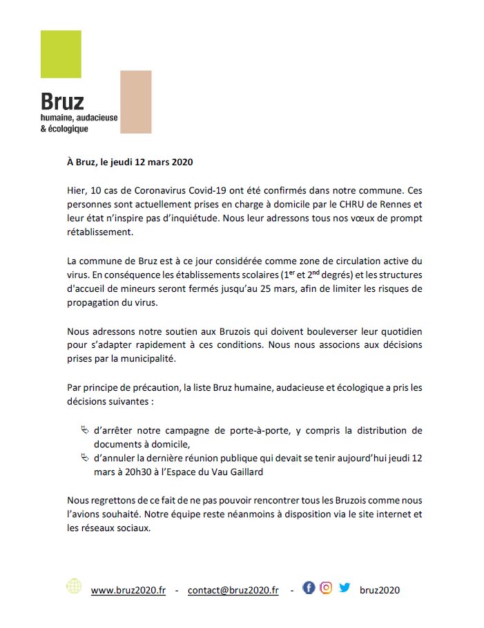 bruz2020's tweet photo. Nous adressons tous nos vœux de rétablissement aux 10 personnes touchées par le virus Covid-19 à #Bruz et exprimons notre soutien aux Bruzois qui doivent bouleverser leur quotidien pour s’adapter rapidement à ces conditions. Plus d'information ici⬇️: https://t.co/PY6AKfLXpb