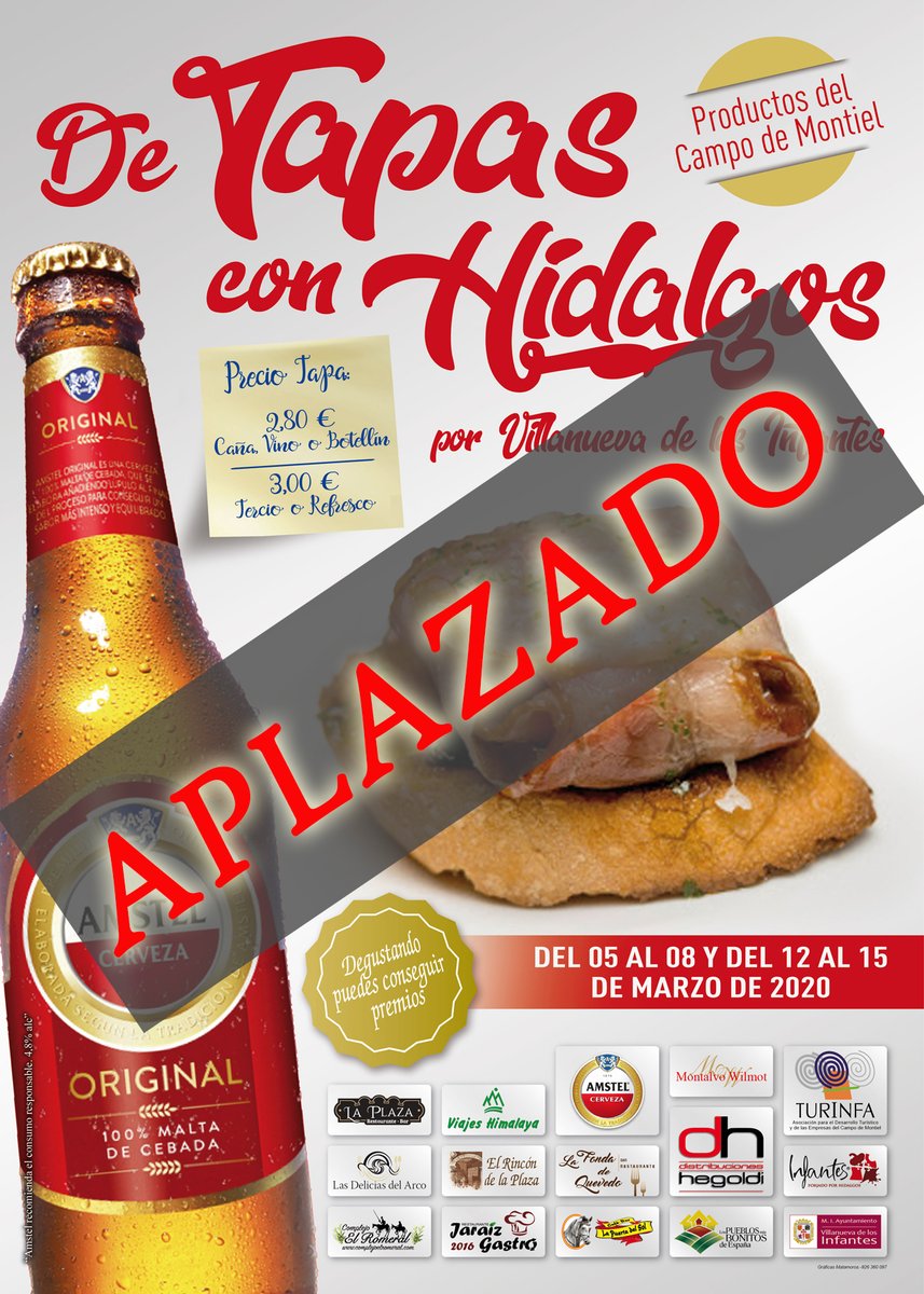 Turinfa's tweet photo. Turinfa les informa que la "Ruta de tapas con Hidalgos" queda APLAZADA TEMPORALMENTE hasta nuevo aviso, como medida PREVENTIVA para evitar el riesgo de contagio por coronavirus (Covid-19)
Les mantendremos informados. https://t.co/ua5sQwbnNA