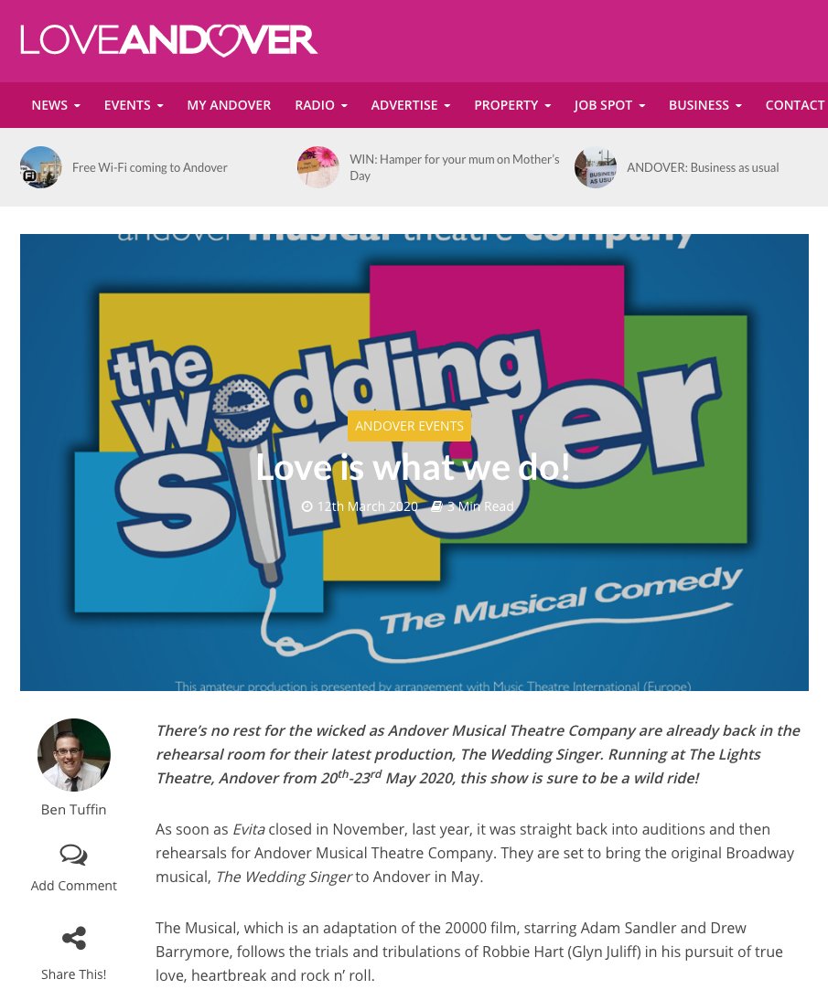 Thank you <a href="/loveandover/">Love Andover</a> for featuring #TheWeddingSinger on your website today! We can't wait to see you ⭐️

Click here to read the full article 👉 bit.ly/3cP9okB

#andovermusicaltheatrecompany #theatre #musicaltheatre #amtc #andover #whatson #whatsonandover <a href="/TheLights/">The Lights Andover</a>