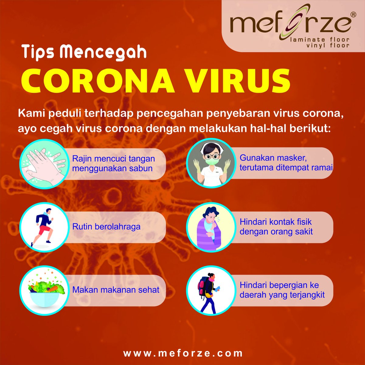MEFORZEflooring's tweet photo. Ayo cegah menyebarnya virus corona dengan beberapa tips berikut
.
#cegahcorona
#pedulicorona
#viruscorona https://t.co/CikYeKrKO1