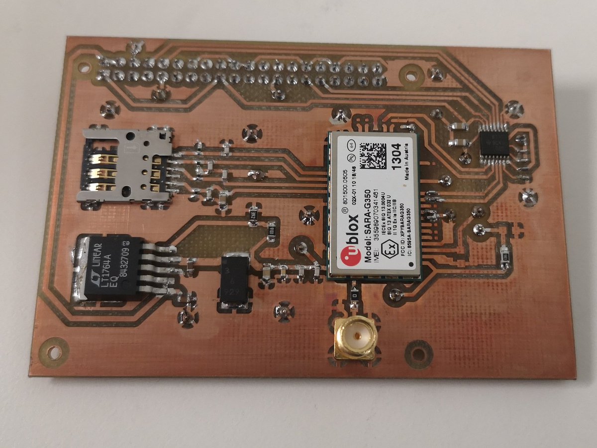 beeSafe_uofg's tweet photo. The first fully soldered PCB. This time, the PCB was produced using the milling process, which is more precise. 
Production and assembly was done at University of Glasgow.
The smoke test is set for tomorrow :S
#PCB #soldering #embedded #electronics #raspberrypi #ublox #beeSafe https://t.co/N1liQhONOH