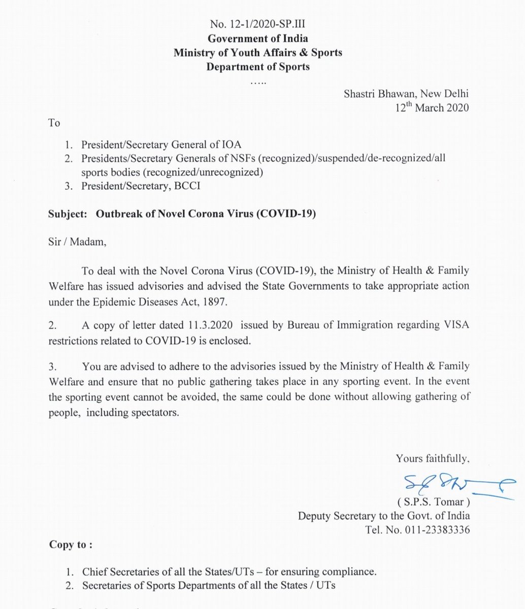 KirenRijiju's tweet photo. There are many confusions amongst the athletes at this moment. Two Advisories are issued by the Ministry of Youth Affairs & Sports for matches abroad and the domestic. There's no restrictions on playing but guidelines to be followed strictly in the larger interest of health. https://t.co/RoohGcsOma