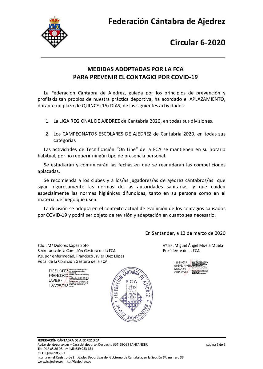 fcajedrez's tweet photo. 📄COMUNICADO OFICIAL:
La FCA acuerda el APLAZAMIENTO x 15 DÍAS de:
1.#LIGAFCA 2020 todas las divisiones
2. CAMPEONATOS ESCOLARES #AJEDREZ todas las categorías
Se mantiene Tecnificación “On Line”.
Se estudiarán fechas para reanudar competiciones aplazadas #Cantabria #chess https://t.co/QwG1THRuR2