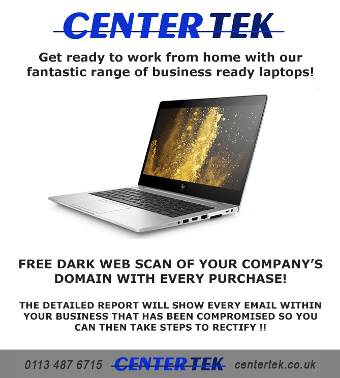 CentertekLtd's tweet image. Get ready to work from home by buying laptops. And talking of virus's, we'll also do a free Dark Web Scan of your domain with every purchase and send you the report with our compliments centertek.co.uk/products/21352…

#coronavirus #laptopdeals #notebooks #notebookoffers #laptops