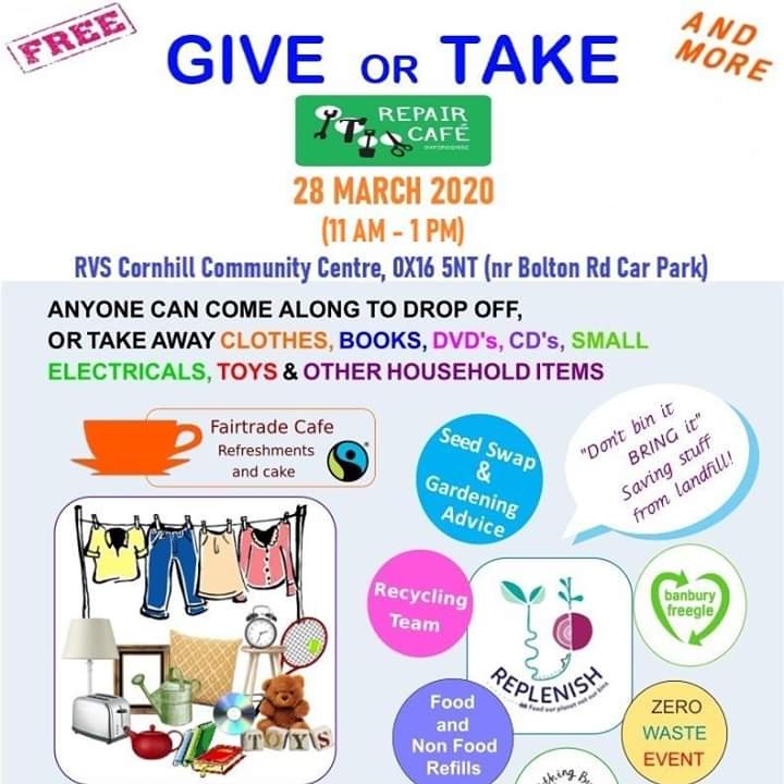 G&amp;T anyone ?? Yes folks, #Banbury #CAG warmly invites everyone to our 1st 'Give or Take and More/ #RepairCafé'  in 2020, where you can give away or find reusable items for free, and have any small electrical items repaired by one of our fixers #GandT #Oxfordshire #letsrecyle