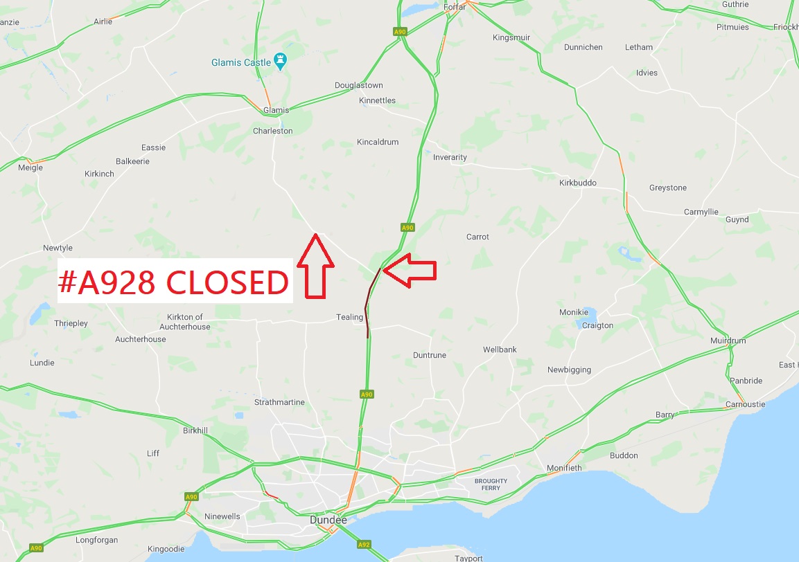 trafficscotland's tweet photo. ❗️UPDATE⌚️10:25
#A90 northbound after Tealing RTC
Lane 1 of 2 is closed due to an RTC
#A982 is CLOSED⛔️ as a result
@polscotrpu advising to use alt route at this time
@NETrunkRoads @AberdeenTravel https://t.co/rqi2r0eKgC