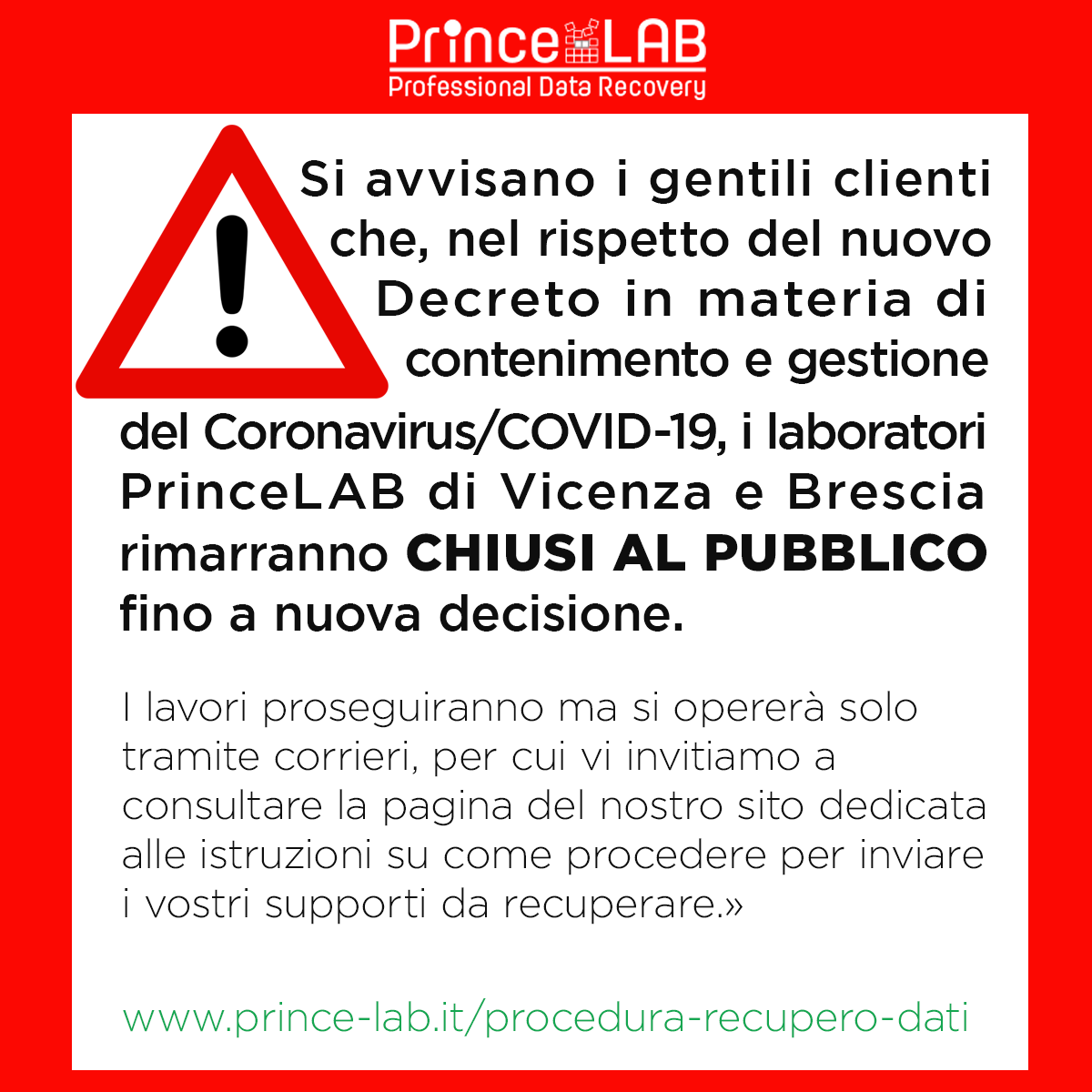PrinceLABsrl's tweet photo. Nel rispetto del nuovo Decreto su #coronavirus/#COVID19, i laboratori di #Vicenza e #Brescia rimarranno CHIUSI AL PUBBLICO.

I lavori proseguiranno tramite corrieri, per cui vi invitiamo a consultare la pagina del nostro sito:» 
https://t.co/mY6LMJt6BM https://t.co/yVjYxNBrPf