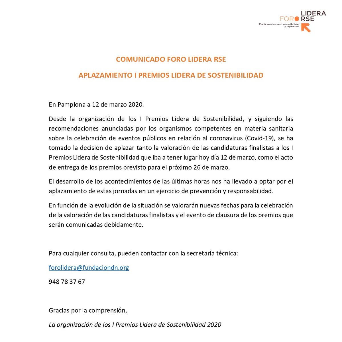 📢Aplazados los I Premios Lidera de sostenibilidad de 
<a href="/FundacionDN/">FundacionDN</a> <a href="/FundlaCaixa/">Fundación ”la Caixa”</a> siguiendo las recomendaciones de las organizaciones sanitarias en relación al #coronavirus 

👉En función de la evolución de la situación próximamente anunciaremos nuevas fechas 🗓️