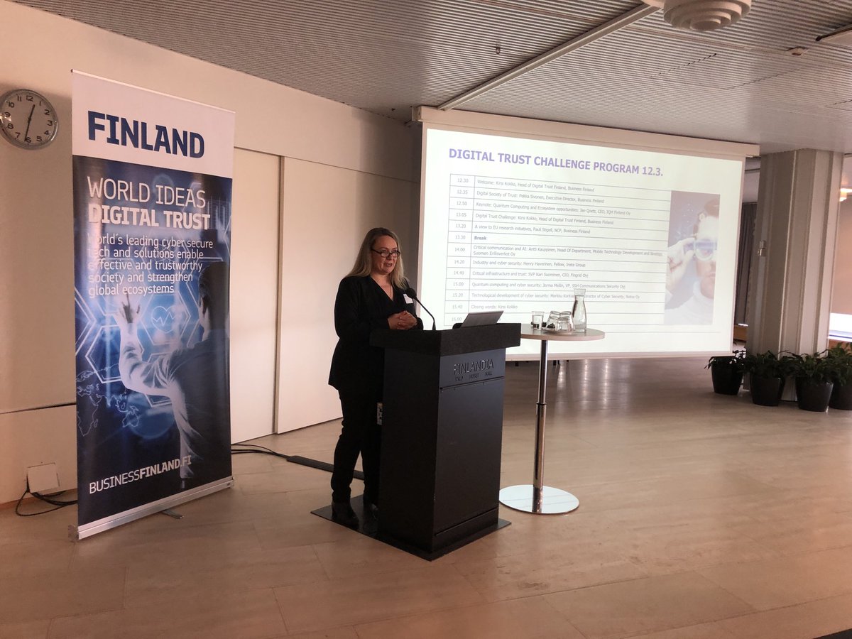 BusinessFinland's tweet photo. #DigitalTrustChallenge launch event now started and on livestream. Head of Digital Trust program Kirsi Kokko opens the Event. https://t.co/9zGeQHnCDe