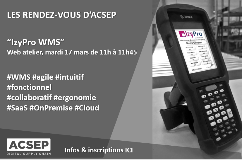 ACSEP_France's tweet photo. 🗓 1er web atelier organisé par #ACSEP mardi prochain en lieu et place de la #sitl @SITLevents
Il portera sur le #WMS #IzyPro
#agile #intuitif #fonctionnel #collaboratif #ergonomique #SaaS #OnPremise #Cloud #entrepot #logistique #supplychain
Infos : https://t.co/RrvYgmSwlN https://t.co/2BEDgSVtxS