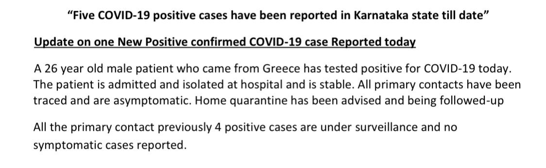  #Karnataka confirms fifth positive case of  #COVID19. The latest addition is a 26-year-old male patient who came from Greece. "Patient is admitted and isolated at hospital and is stable. All primary contacts traced, asymptomatic," the  @DHFWKA media bulletin reads.  @IndianExpress