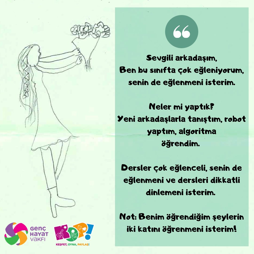 genchayatvakfi's tweet photo. Atölyelerimize katılan öğrencilerden mektup var! Okulda öğrendiğimiz şarkıyı kardeşimize ya da mahalledeki en yakın arkadaşımıza öğretmek gibi 😊
#çocuklarıngözündenghv #sosyaluyum #KOPprojesi #KeşfetOynaPaylaş https://t.co/woPPy7ihMu