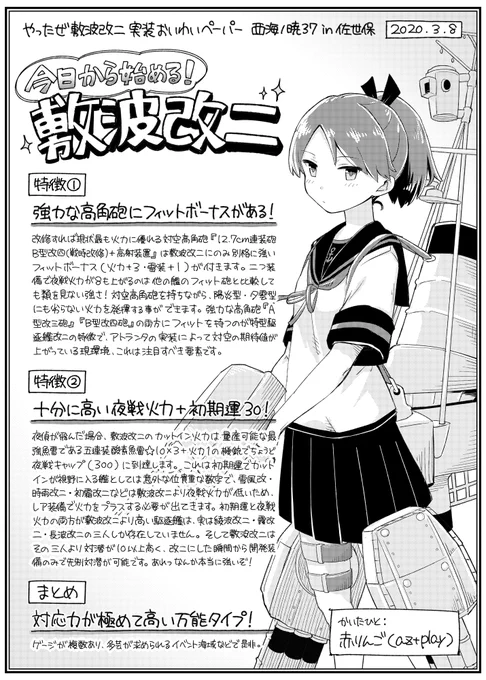 西海ノ暁37で無料配布した敷波改二めでてぇペーパーです。やっぱり同人っぽい同人ペーパーと言えば手書き文字だよな～!と思って書き始めたらえらい大変だった…!あと基本的に敷波KAWAIIとかの話はなく、ゲーム内での運用考察しかしてないです。お手に取ってくださった方ありがとうございました! 