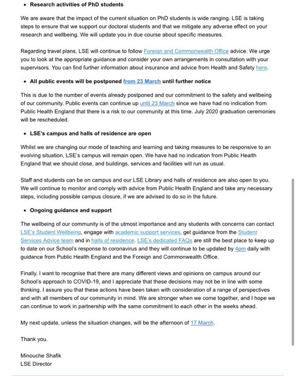NEW: Email from LSE director to students today confirms all teaching activity for all students will now be delivered online. Lectures/tutorials cancelled. All exams to be done online. Graduation ceremonies, rescheduled. Nothing like it has happened before.
