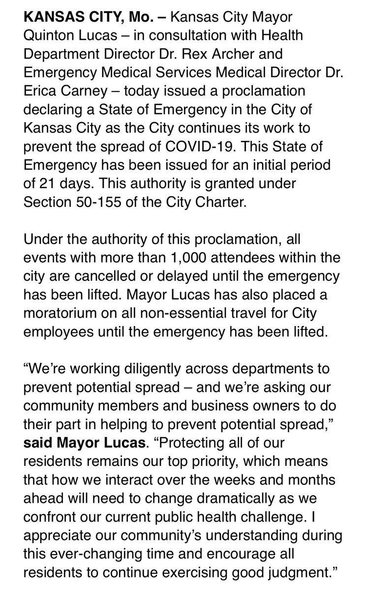 MayorLucasKC's tweet photo. Kansas City Mayor Quinton Lucas Issues Proclamation Declaring State of Emergency #COVID19 https://t.co/0sZIguPkxg