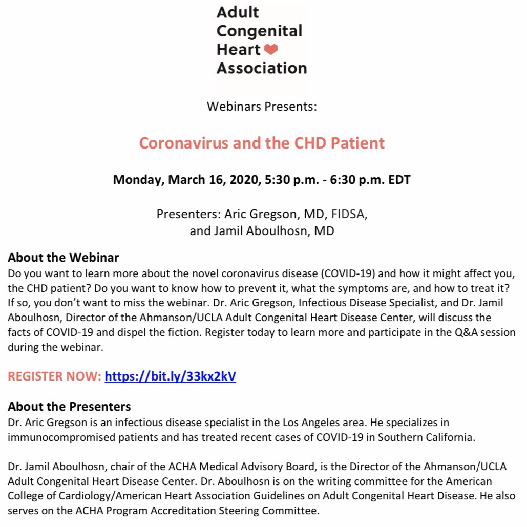 FredWuMD's tweet photo. COVID-19 has lots of #CHD patients and parents concerned. Please join the ACHA‘s webinar on Monday, March 16, when ID specialist, Dr. Gregson, and #ACHD cardiologist, Dr. Aboulhosn will be answering your questions about #coronavirus. Register for free at https://t.co/8ztxZvl8M2 https://t.co/2YkIDVaSwN