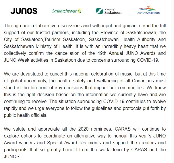 TheJUNOAwards's tweet image. The 2020 JUNO Awards have been cancelled.