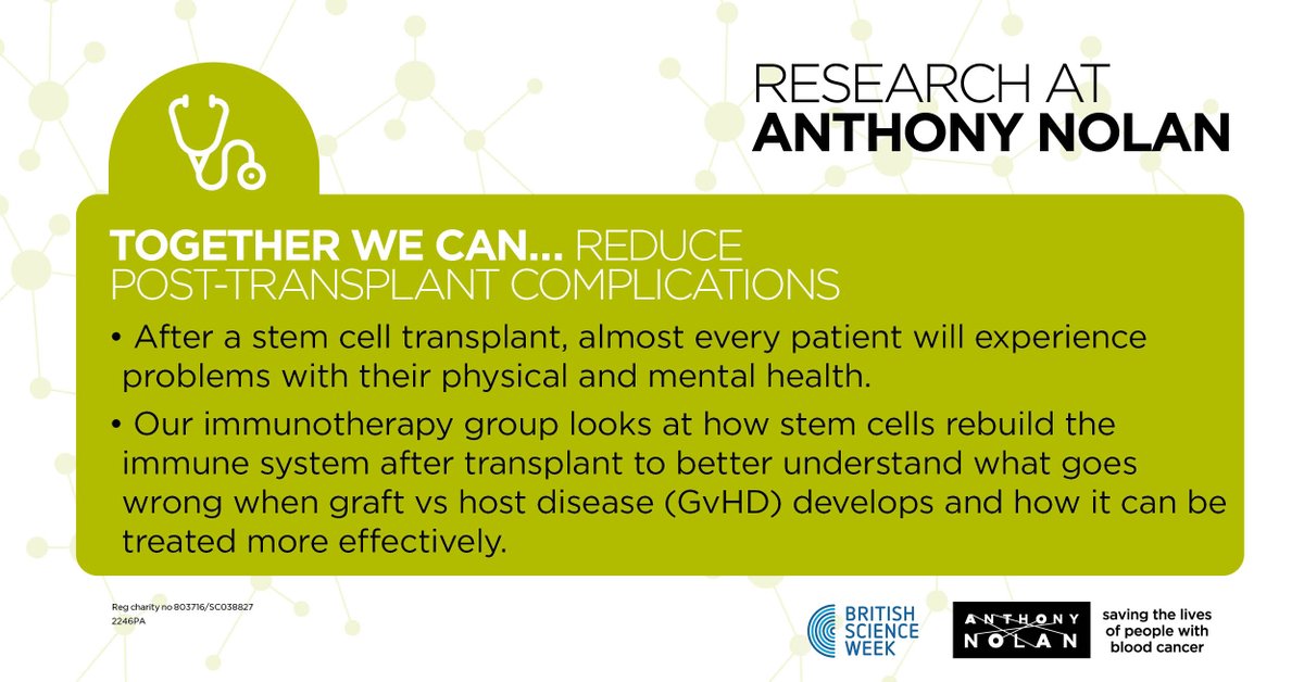 AnthonyNolan's tweet photo. Together we can continue to further enhance our understanding of #posttransplantrelapse, infection and #GvHD so that we can continue to save and improve the lives of all those who need a #stemcelltransplant 💚 🖤 #BritishScienceWeek https://t.co/m428woXTU7