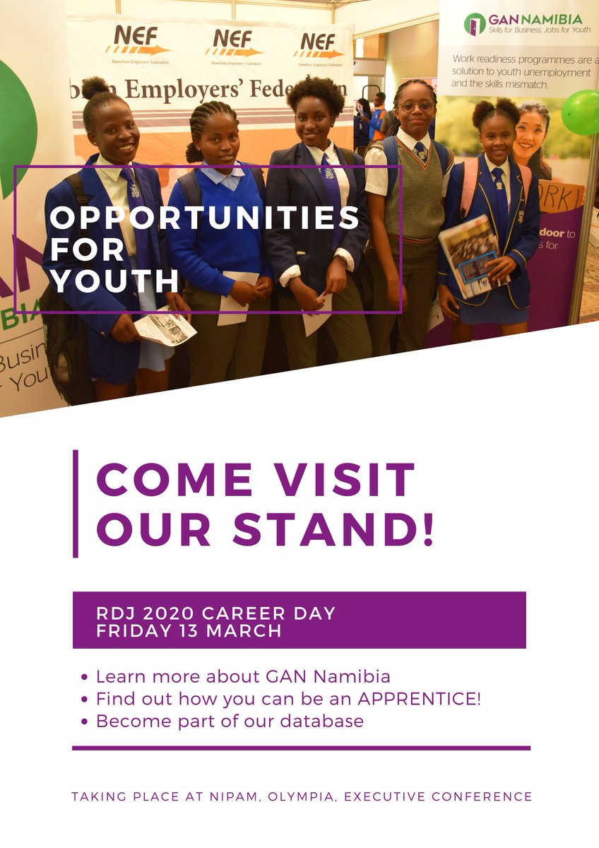 GANNamibia's tweet photo. Hello! ππΌ
Are you interested in #Skills #Developement?
Do you want to be an #Apprentice, #Intern #JobAttachee?
Come visit our stand at tomorrow's RDJ 2020 Career Day at NIPAM from 12:35 to 15:00!
We'll be sharing more on #opportunities!
#GANNamibia #Jobs for #Youth #SkillingNow https://t.co/PWoGebiIFQ