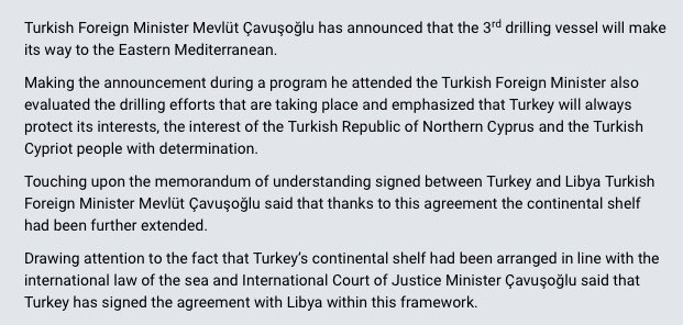 Turkish Foreign Minister Mevlüt Çavuşoğlu has announced that the 3rd drilling vessel will make its way to the Eastern Mediterranean.  https://www.brtk.net/?english_posts=eastern-mediterranean-2  #EastMed  #Cyprus  #Turkey  #Libya  #GNA  #EEZ  #EEZs