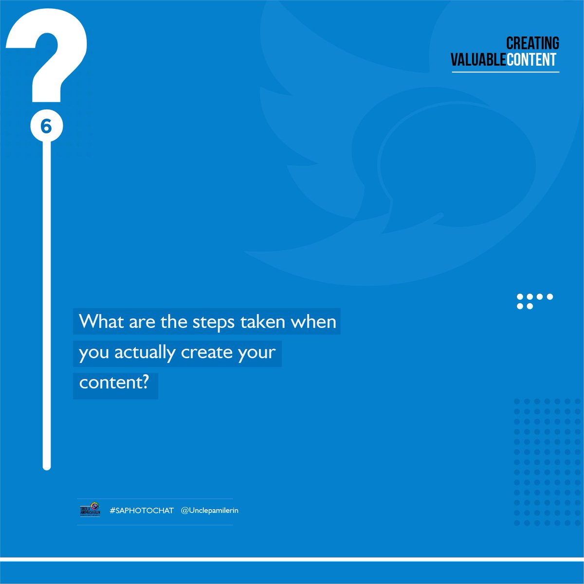 saphotoAcademy's tweet photo. Q6: What are the steps taken when you actually create your content? #SAPhotoChat
@pamilerin https://t.co/8HLsv9JVYI
