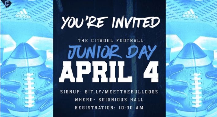 janliriano3's tweet photo. Blessed To Have Been Personally Invited To The Citadels Junior Day โช๏ธ ! @citadelfootball @CountyPolk #TheCitadelFootball
#AGTG
#RIPEMAN
#LONGLIVE3 https://t.co/BjB2q1Wb6A