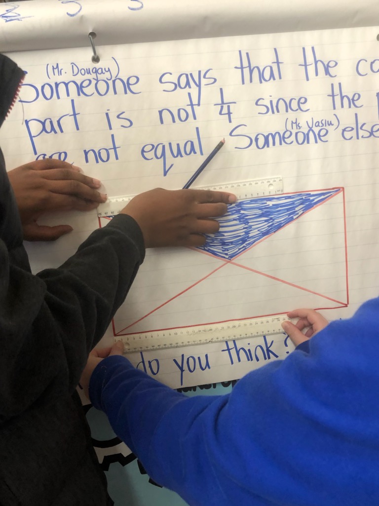 VasiuElena's tweet image. S&apos;s were asked to prove that the picture showed 1/4. Some used their equivalent fractions knowledge, and cut the pieces in half. Some used their prior knowledge of area of triangles. One S measuring the base of one of the triangles. #understandingfractions  #gr6 @Memorial_City