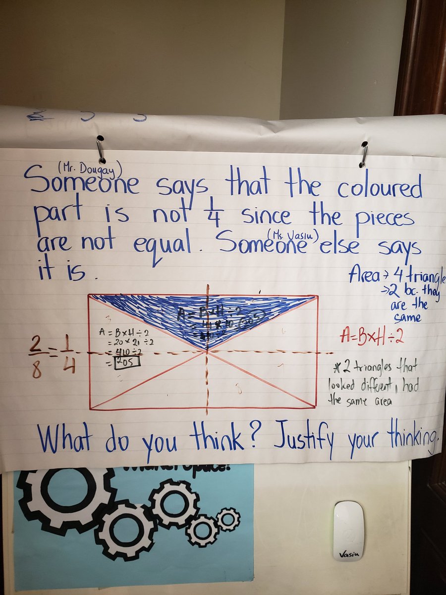 VasiuElena's tweet image. S&apos;s were asked to prove that the picture showed 1/4. Some used their equivalent fractions knowledge, and cut the pieces in half. Some used their prior knowledge of area of triangles. One S measuring the base of one of the triangles. #understandingfractions  #gr6 @Memorial_City