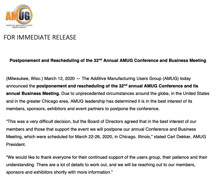 AdditiveMFGUG's tweet photo. 2020 AMUG Conference Postponed...Read full press release at https://t.co/pRwnLCxwCv https://t.co/I5cAbHB4nz